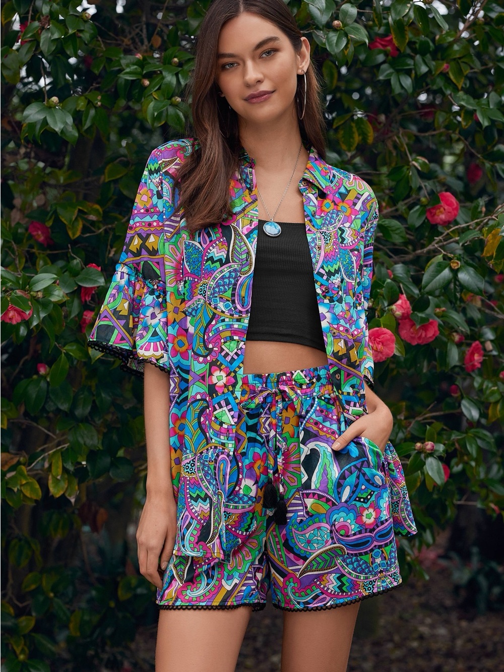 Johnny Was Demarne Ruffle Sleeve Tunic Top | Medium | Colorful Boho Print